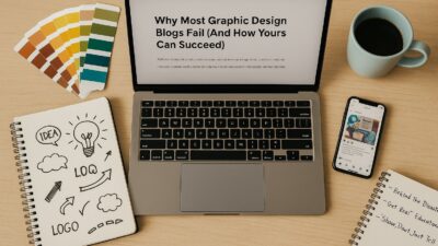 Flat lay of a creative workspace featuring a laptop displaying a graphic design blog, color swatches, sketchbook with logo design ideas, a smartphone with Instagram open, and a cup of coffee.