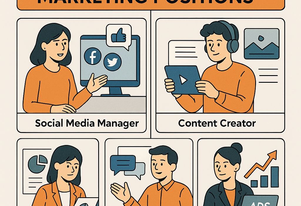 illustration of various social media roles including social media manager , content creators , and other in a cartoon style.