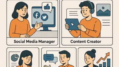 illustration of various social media roles including social media manager , content creators , and other in a cartoon style.