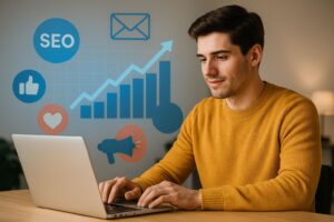 A young man working on a laptop with digital marketing graphics in the background, including growth charts, a megaphone, and social media icons — representing Garage2Global’s affordable marketing services for small businesses.