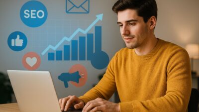 A young man working on a laptop with digital marketing graphics in the background, including growth charts, a megaphone, and social media icons — representing Garage2Global’s affordable marketing services for small businesses.