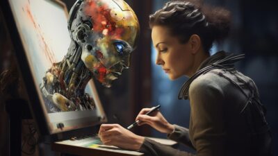 User creating digital art with Gramhir Pro AI on a laptop