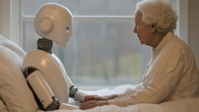 Elderly woman using AI-powered voice assistant for home care support Elderly woman using AI-powered voice assistant for home care support