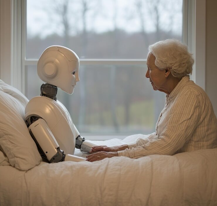 Elderly woman using AI-powered voice assistant for home care support Elderly woman using AI-powered voice assistant for home care support