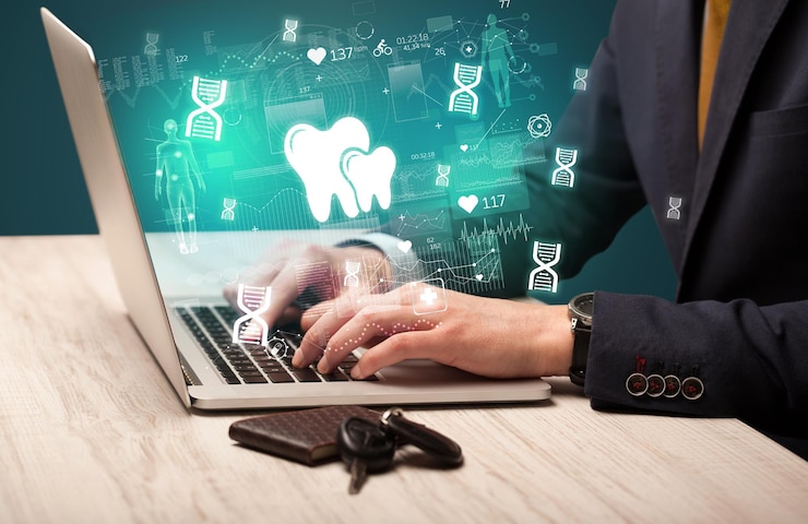 Smiling dentist using laptop for digital marketing strategy in 2025