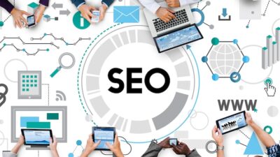 Visual overview of how to do SEO with keyword research, on-page SEO, technical optimization, and link building