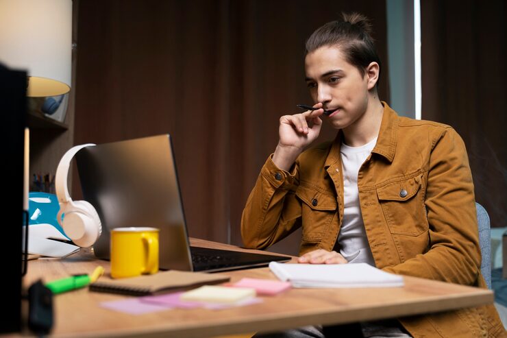 A freelance writer working on a laptop from home in 2025